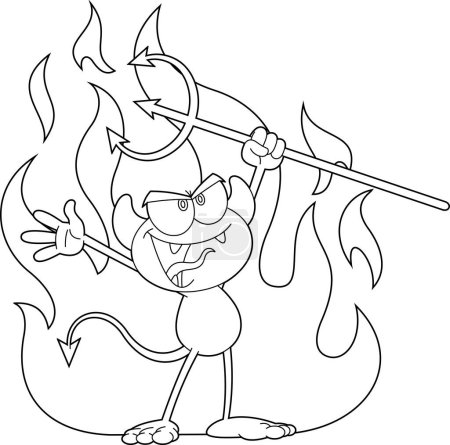 Illustration for Outlined Angry Little Devil Cartoon Character Holding A Pitchfork Over Flames. Vector Hand Drawn Illustration Isolated On Transparent Background - Royalty Free Image