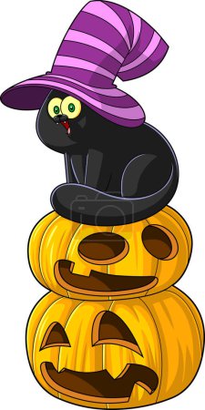 Téléchargez les illustrations : Chat noir mignon personnage de bande dessinée assis sur les citrouilles d'Halloween. Illustration dessinée à la main raster isolé sur fond blanc - en licence libre de droit
