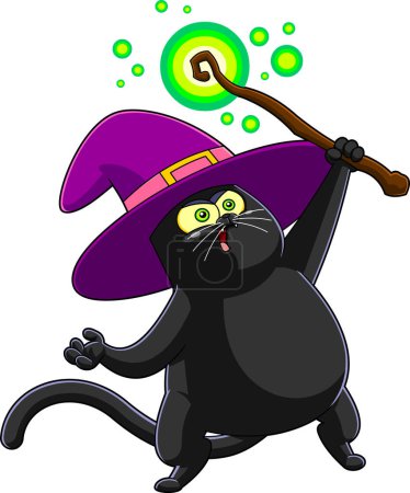 Ilustración de Personaje de dibujos animados de Halloween Witch Black Cat con varita mágica haciendo magia. Ilustración dibujada a mano de trama aislada sobre fondo blanco - Imagen libre de derechos