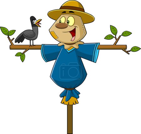Illustration for Cute Scarecrow Cartoon Character With Crow Bird. Raster Hand Drawn Illustration Isolated On White Background - Royalty Free Image
