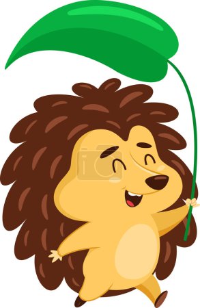 Illustration for Happy Hedgehog Cartoon Character Running Holds A Plant Leaf. Vector Illustration Flat Design Isolated On Transparent Background - Royalty Free Image