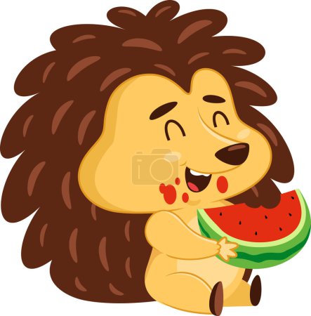 Illustration for Funny Hedgehog Cartoon Character Eating Watermelon. Vector Illustration Flat Design Isolated On Transparent Background - Royalty Free Image
