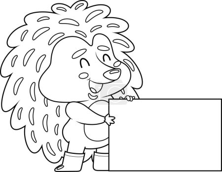 Ilustración de Delineado divertido personaje de dibujos animados de erizo sosteniendo un signo en blanco. Ilustración dibujada a mano vectorial aislada sobre fondo transparente - Imagen libre de derechos