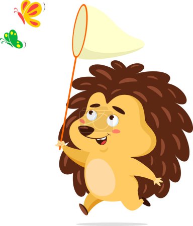 Illustration for Cute Hedgehog Cartoon Character Catching A Butterfly With A Net. Vector Illustration Flat Design Isolated On Transparent Background - Royalty Free Image