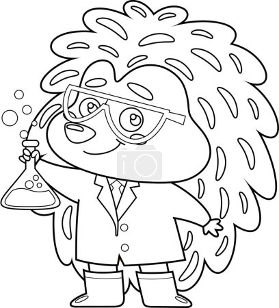Ilustración de Delineado Hedgehog Science Professor Cartoon Character Holding Flask Solvent. Ilustración dibujada a mano vectorial aislada sobre fondo transparente - Imagen libre de derechos