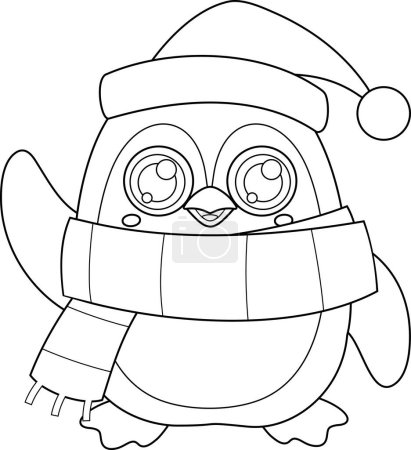 Téléchargez les illustrations : Décoré mignon pingouin de Noël personnage de bande dessinée saluant. Illustration dessinée à la main vectorielle isolée sur fond transparent - en licence libre de droit