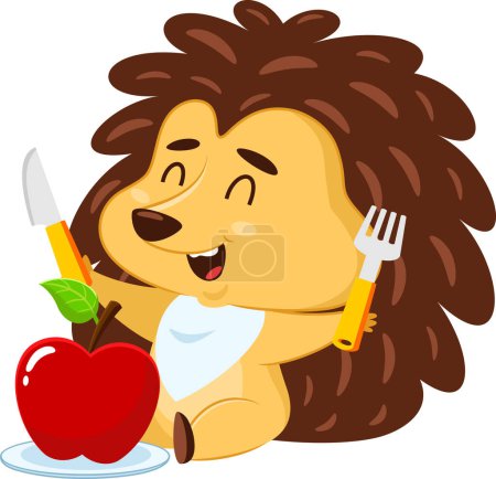 Téléchargez les illustrations : Happy Hedgehog personnage de bande dessinée regarde une pomme rouge avec une fourchette et un couteau. Illustration vectorielle Design plat isolé sur fond transparent - en licence libre de droit