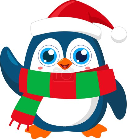 Ilustración de Lindo pingüino de Navidad personaje de dibujos animados saludando. Ilustración vectorial Diseño plano aislado sobre fondo transparente - Imagen libre de derechos