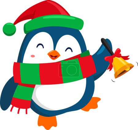 Téléchargez les illustrations : Mignon personnage de dessin animé de pingouin de Noël sonne une cloche. Illustration vectorielle Design plat isolé sur fond transparent - en licence libre de droit