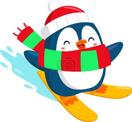 Téléchargez les illustrations : Mignon personnage de dessin animé de pingouin de Noël chevauchant sur les skis sur la neige. Illustration vectorielle Design plat isolé sur fond transparent - en licence libre de droit