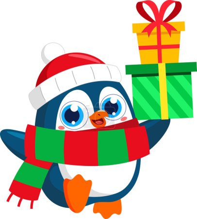 Illustration for Cute Christmas Penguin Cartoon Character Holding Up Gift Boxes. Vector Illustration Flat Design Isolated On Transparent Background - Royalty Free Image