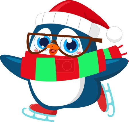 Téléchargez les illustrations : Mignon personnage de dessin animé de pingouin de Noël sur patins. Illustration vectorielle Design plat isolé sur fond transparent - en licence libre de droit