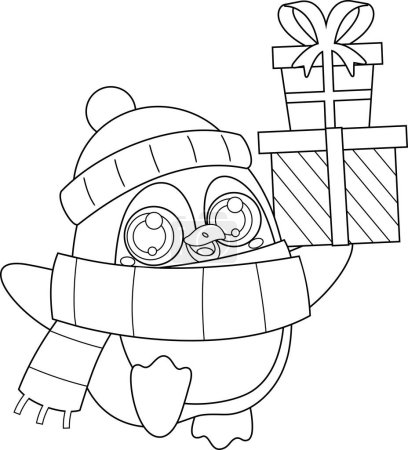 Téléchargez les illustrations : Décoré mignon pingouin de Noël personnage de bande dessinée tenant jusqu'à boîtes-cadeaux. Illustration dessinée à la main vectorielle isolée sur fond transparent - en licence libre de droit