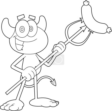Ilustración de Delineado lindo pequeño diablo personaje de dibujos animados con salchichas a la parrilla en horca. Ilustración dibujada a mano vectorial aislada sobre fondo transparente - Imagen libre de derechos