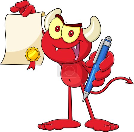 Téléchargez les illustrations : Mignon petit diable rouge personnage de bande dessinée retient un contrat. Illustration dessinée à la main raster isolé sur fond blanc - en licence libre de droit