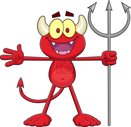 Ilustración de Pequeño personaje de dibujos animados del diablo rojo feliz con horquilla. Ilustración dibujada a mano de trama aislada sobre fondo blanco - Imagen libre de derechos
