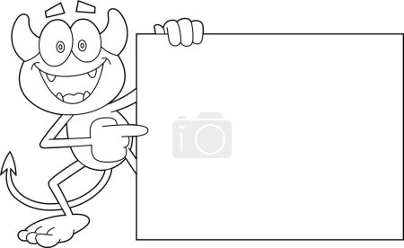 Illustration for Outlined Happy Little Devil Cartoon Character Pointing To Blank Sign. Vector Hand Drawn Illustration Isolated On Transparent Background - Royalty Free Image