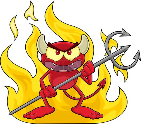 Ilustración de Pequeño personaje de dibujos animados del diablo rojo enojado sosteniendo una horca sobre llamas. Ilustración dibujada a mano de trama aislada sobre fondo blanco - Imagen libre de derechos