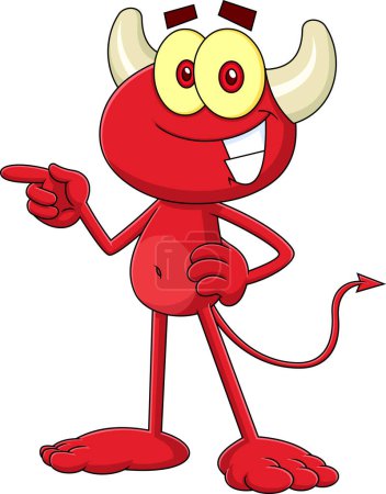 Ilustración de Smiling Little Red Devil Cartoon Character Pointing (en inglés). Ilustración dibujada a mano de trama aislada sobre fondo blanco - Imagen libre de derechos