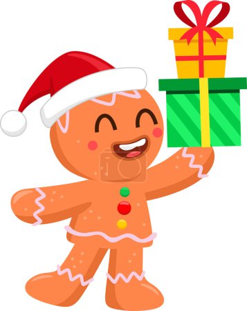 Ilustración de Lindo hombre de jengibre de Navidad personaje de dibujos animados sosteniendo cajas de regalo. Ilustración vectorial Diseño plano aislado sobre fondo transparente - Imagen libre de derechos