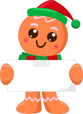 Ilustración de Lindo hombre de jengibre de Navidad personaje de dibujos animados sosteniendo un signo en blanco. Ilustración vectorial Diseño plano aislado sobre fondo transparente - Imagen libre de derechos
