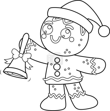 Ilustración de Delineado Lindo Navidad de pan de jengibre Hombre Personaje de dibujos animados sonando una campana. Ilustración dibujada a mano vectorial aislada sobre fondo transparente - Imagen libre de derechos