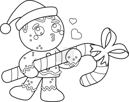 Ilustración de Delineado lindo hombre de jengibre de Navidad personaje de dibujos animados envía besos y la celebración de gran bastón de caramelo. Ilustración dibujada a mano vectorial aislada sobre fondo transparente - Imagen libre de derechos