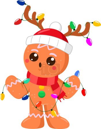 Ilustración de Lindo personaje de dibujos animados de Navidad hombre de jengibre con cuernos y luces. Ilustración vectorial Diseño plano aislado sobre fondo transparente - Imagen libre de derechos