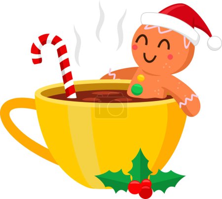 Ilustración de Lindo personaje de dibujos animados hombre de jengibre de Navidad en una taza de chocolate caliente. Ilustración vectorial Diseño plano aislado sobre fondo transparente - Imagen libre de derechos