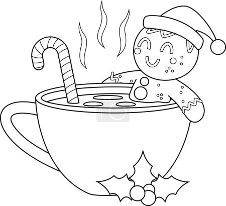 Illustration for Outlined Cute Christmas Gingerbread Man Cartoon Character In A Cup Of Hot Chocolate. Vector Hand Drawn Illustration Isolated On Transparent Background - Royalty Free Image