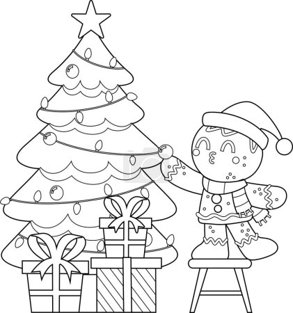 Ilustración de Delineado Lindo Hombre de jengibre de Navidad Personaje de dibujos animados Decora el árbol de Navidad. Ilustración dibujada a mano vectorial aislada sobre fondo transparente - Imagen libre de derechos