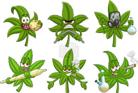 Illustration for Funny Marijuana Leaf Cartoon Characters. Vector Hand Drawn Collection Set Isolated On Transparent Background - Royalty Free Image