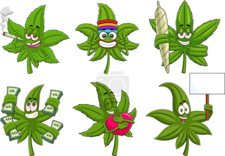 Illustration for Funny Marijuana Leaf Cartoon Characters. Vector Hand Drawn Collection Set Isolated On Transparent Background - Royalty Free Image