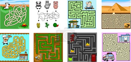 Illustration for Cartoon Maze Games Education For Kids. Vector Hand Drawn Collection Set Isolated On Transparent Background - Royalty Free Image