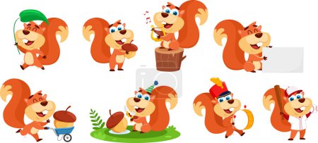 Illustration for Cute Squirrel Cartoon Character In Different Poses. Vector Flat Design Collection Set Isolated On Transparent Background - Royalty Free Image