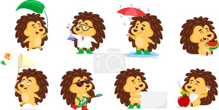 Illustration for Cute Hedgehog Cartoon Character In Different Poses. Vector Flat Design Collection Set Isolated On Transparent Background - Royalty Free Image