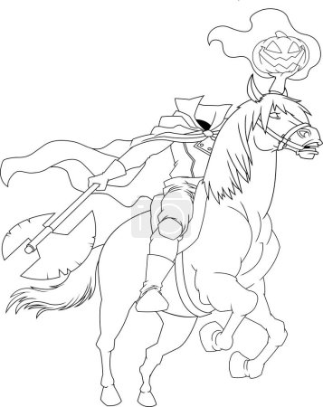 Illustration for Outlined Headless Horseman Cartoon Character Running Axe And Jack's Lantern Pumpkin Head. Vector Hand Drawn Illustration Isolated On Transparent Background - Royalty Free Image