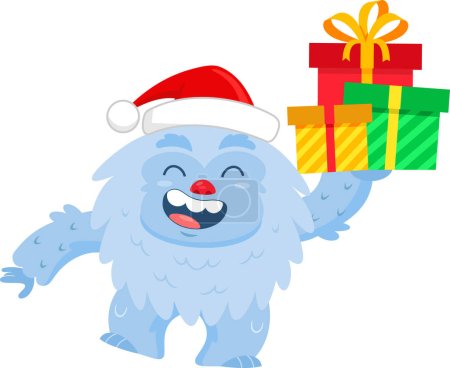 Téléchargez les illustrations : Mignon Noël Noël Yeti Bigfoot personnage de bande dessinée tenant jusqu'à une boîte-cadeau. Illustration vectorielle Design plat isolé sur fond transparent - en licence libre de droit