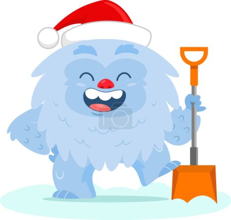 Ilustración de Feliz Navidad Navidad Yeti Bigfoot Personaje de dibujos animados sosteniendo una pala paleando nieve. Ilustración vectorial Diseño plano aislado sobre fondo transparente - Imagen libre de derechos