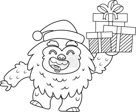 Illustration for Outlined Cute Christmas Christmas Yeti Bigfoot Cartoon Character Holding Up Gift Boxes. Vector Hand Drawn Illustration Isolated On Transparent Background - Royalty Free Image