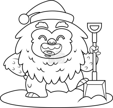 Téléchargez les illustrations : Décoré Joyeux Noël Noël Yeti Bigfoot personnage de bande dessinée tenant une pelle Pelle neige pelletée. Illustration dessinée à la main vectorielle isolée sur fond transparent - en licence libre de droit