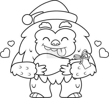 Illustration for Outlined Happy Christmas Yeti Bigfoot Cartoon Character With Christmas Gift Leg Meat. Vector Hand Drawn Illustration Isolated On Transparent Background - Royalty Free Image