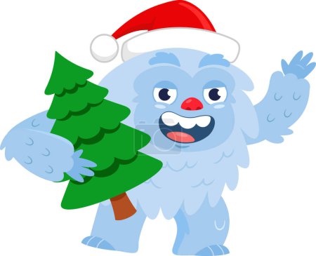 Illustration for Cute Yeti Bigfoot Cartoon Character In Santa's Hat With Christmas Tree Waving. Vector Illustration Flat Design Isolated On Transparent Background - Royalty Free Image