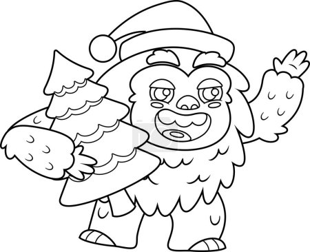 Illustration for Outlined Cute Yeti Bigfoot Cartoon Character In Santa's Hat With Christmas Tree Waving. Vector Hand Drawn Illustration Isolated On Transparent Background - Royalty Free Image