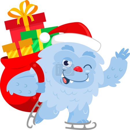 Téléchargez les illustrations : Smiling Santa Yeti Bigfoot personnage de bande dessinée avec sac de Noël agitant. Illustration vectorielle Design plat isolé sur fond transparent - en licence libre de droit