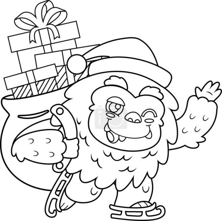 Illustration for Outlined Smiling Santa Yeti Bigfoot Cartoon Character With Christmas Bag Waving. Vector Hand Drawn Illustration Isolated On Transparent Background - Royalty Free Image