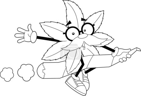 Illustration for Outlined Marijuana Leaf Professor Cartoon Character Flying On Marijuana Cannabis Cigarette. Vector Hand Drawn Illustration Isolated On Transparent Background - Royalty Free Image
