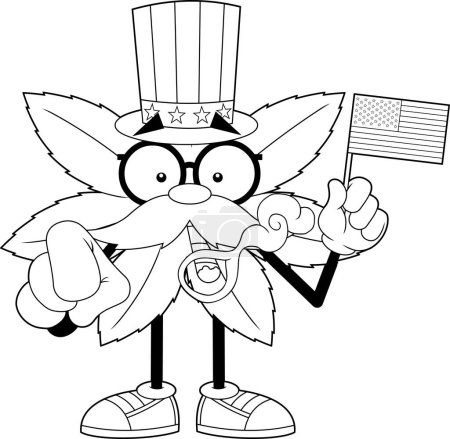 Illustration for Outlined Marijuana Leaf Professor Cartoon Character Wearing A USA Hat And Waving An American Flag. Vector Hand Drawn Illustration Isolated On Transparent Background - Royalty Free Image