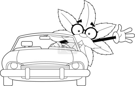 Téléchargez les illustrations : A décrit Marijuana Leaf Professor Cartoon Character Waving From Car. Illustration dessinée à la main vectorielle isolée sur fond transparent - en licence libre de droit