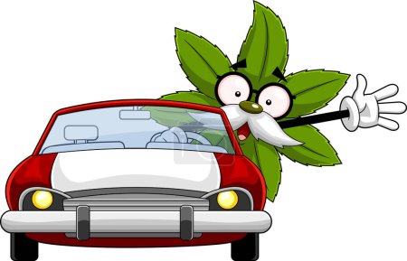 Téléchargez les illustrations : Marijuana Leaf Professor Cartoon Character Waving From Red Car. Illustration dessinée à la main vectorielle isolée sur fond transparent - en licence libre de droit